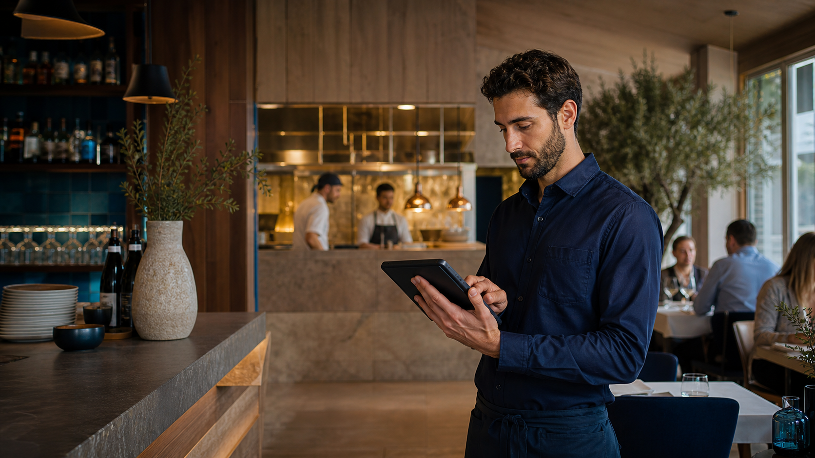 Profesional de hostelería usando un terminal en un restaurante