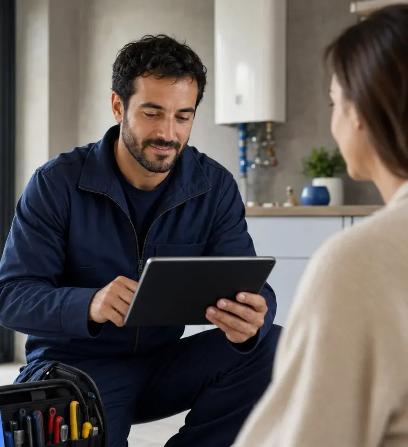Profesional autónomo revisando un trabajo con su cliente desde una tablet