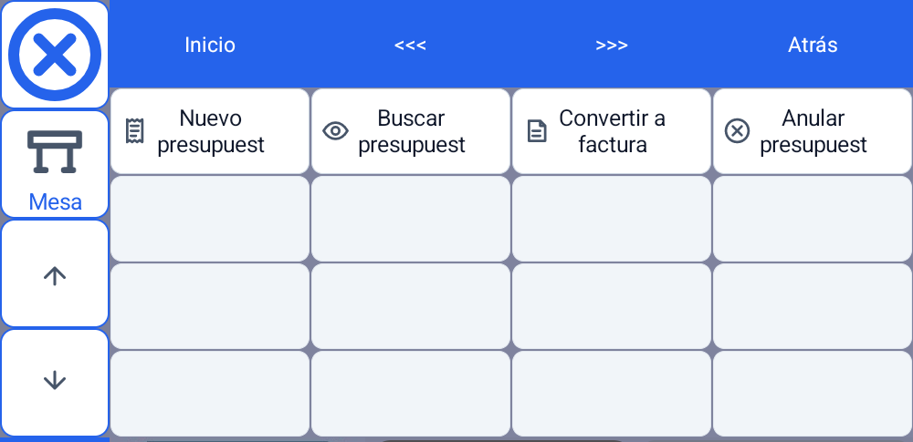 Menú de presupuestos con opciones para crear, buscar, convertir a factura y anular
