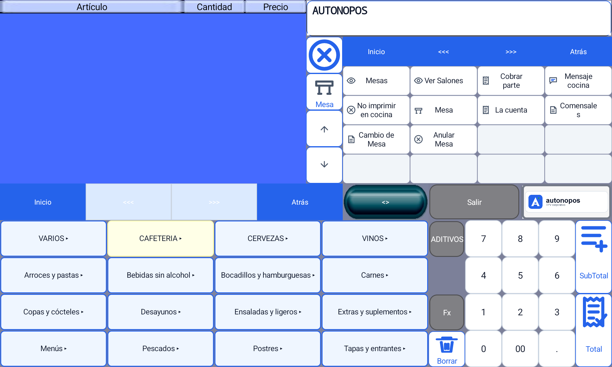 Funciones de mesas, cobro parcial, cocina y comensales en formato horizontal