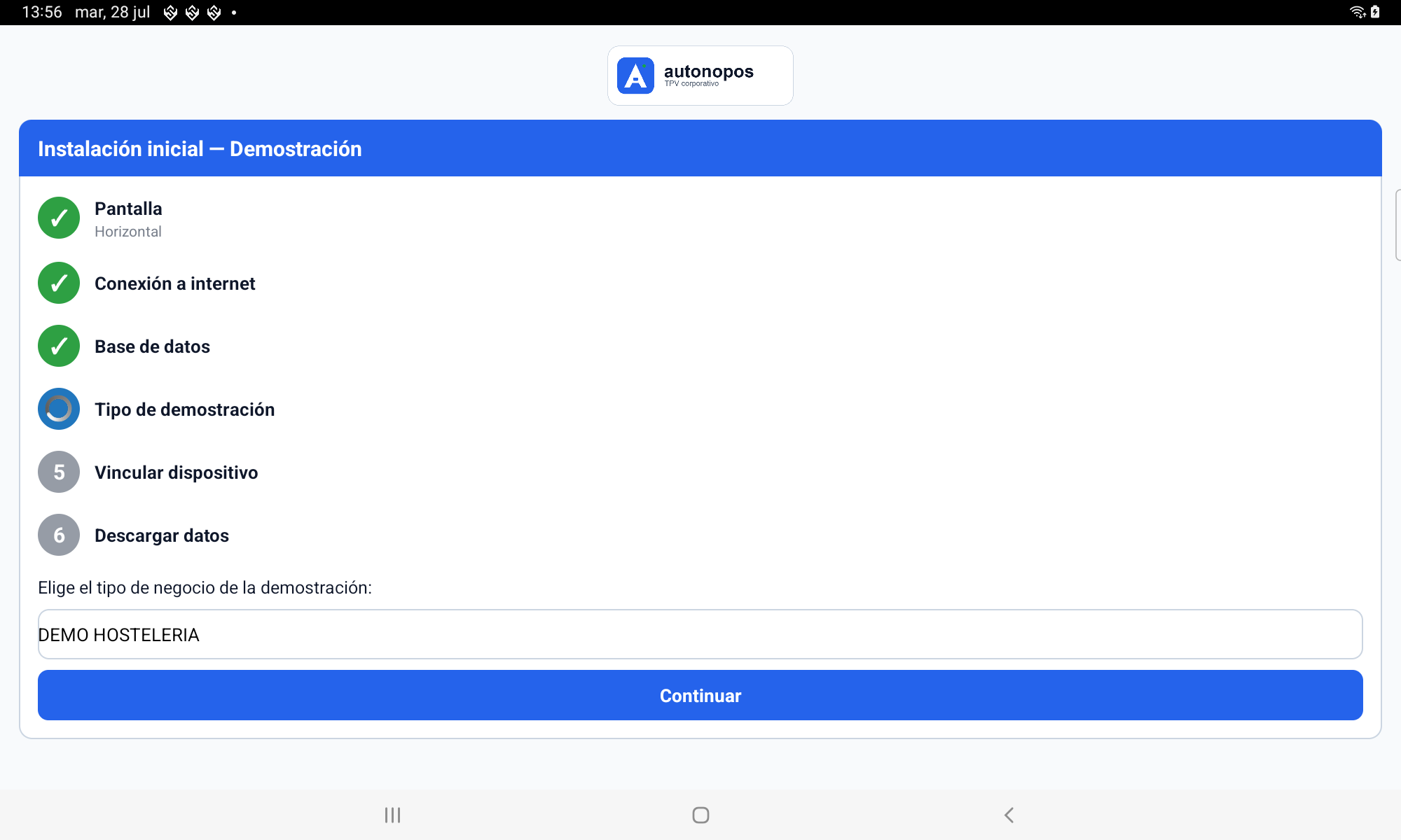 Asistente de demostración de AutonoPOS con el tipo de negocio seleccionado