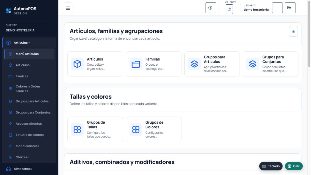Gestión web del catálogo de artículos, familias y agrupaciones