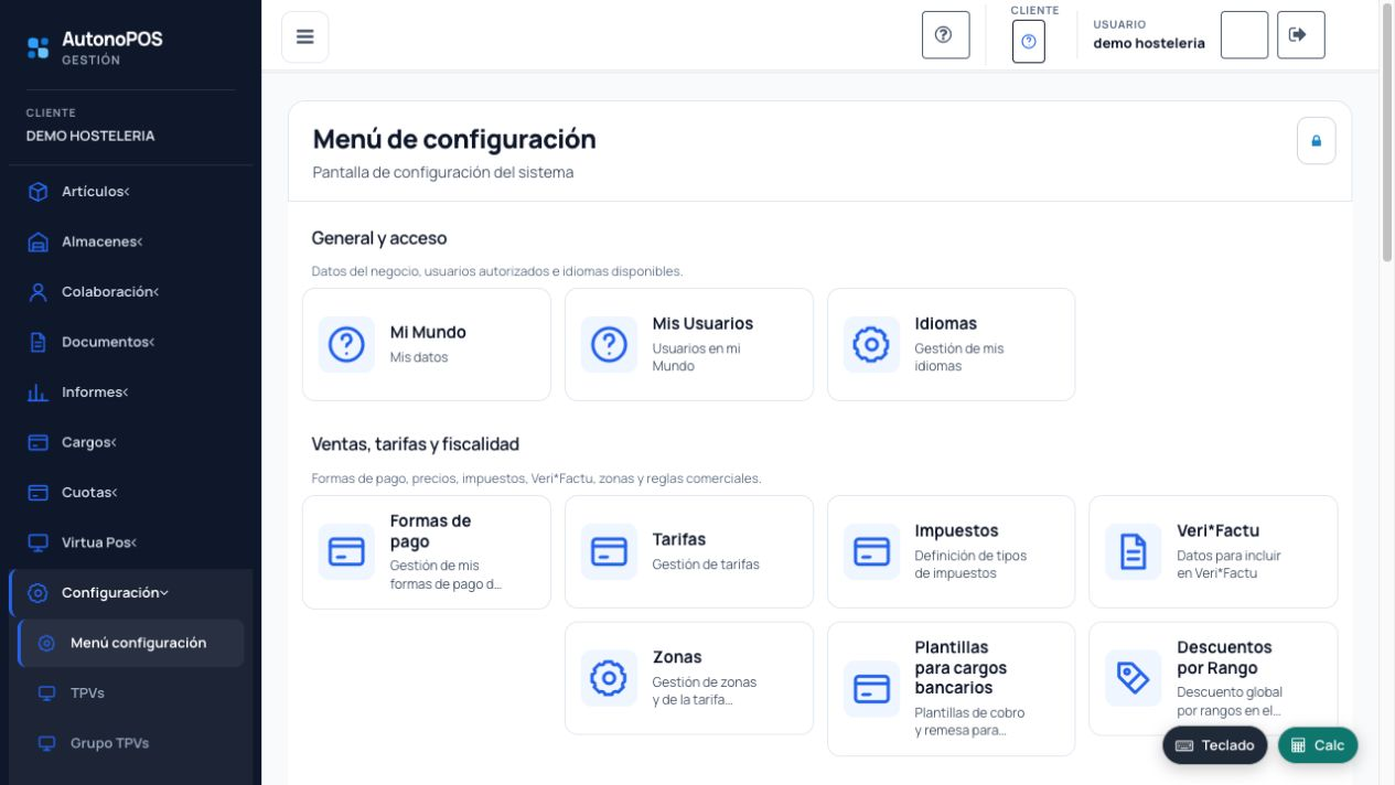 Menú de configuración de Gestión AutonoPOS