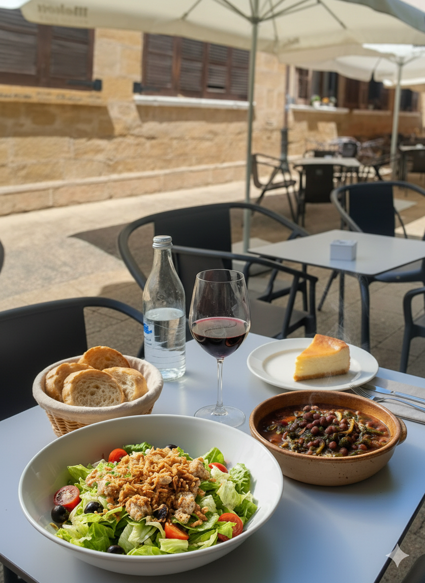 Imagen de comida, menu del día con salmorejo, ensalada y pescado