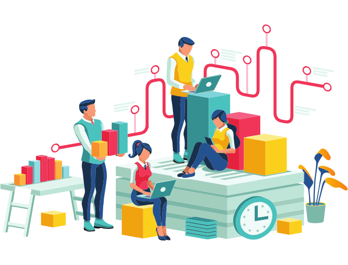 Ilustración de personas trabajando con decoración de gráficos
