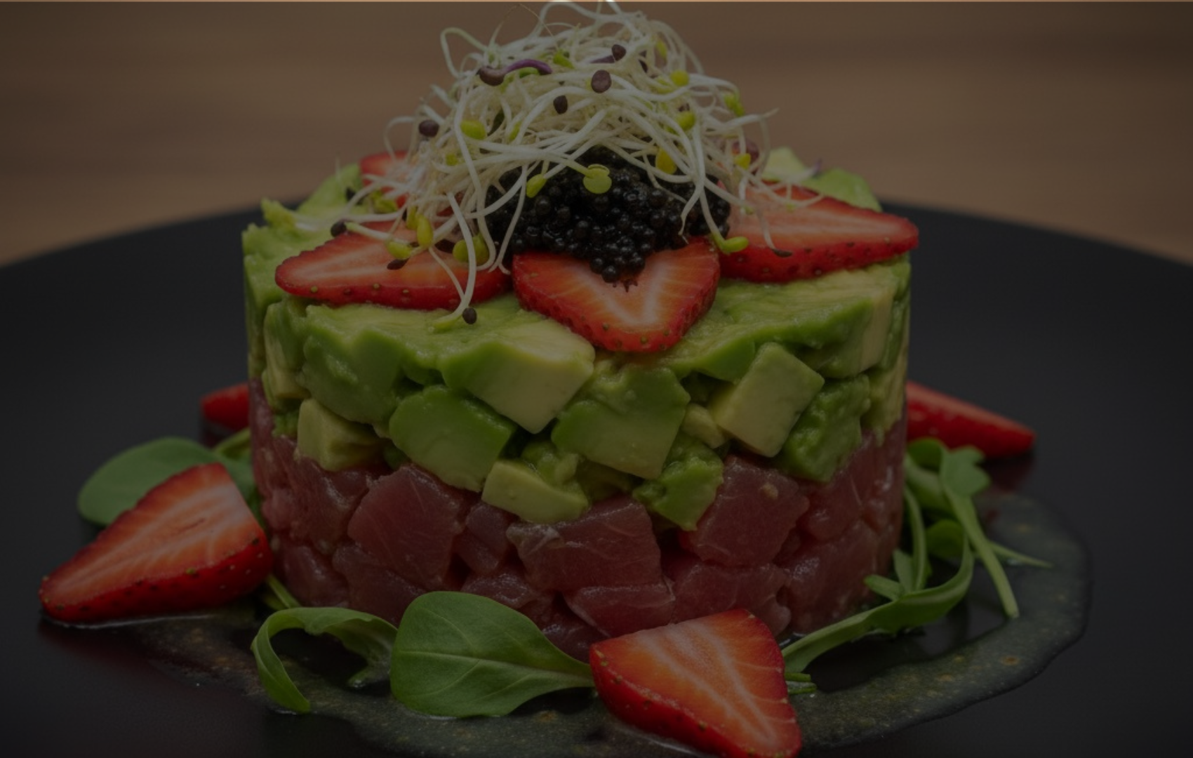 fotografía de tartar con fresas y aguacate