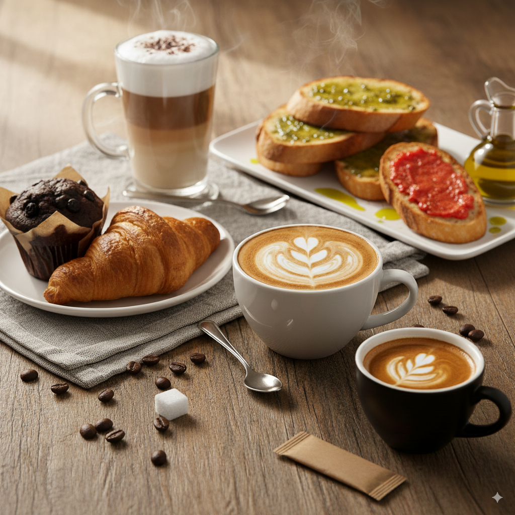 Imagen de cafés, tostadas y bollería