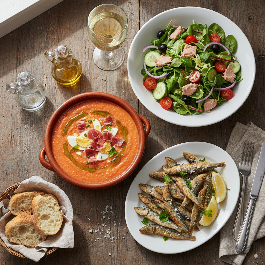 Imagen de comida, menu del día con salmorejo, ensalada y pescado
