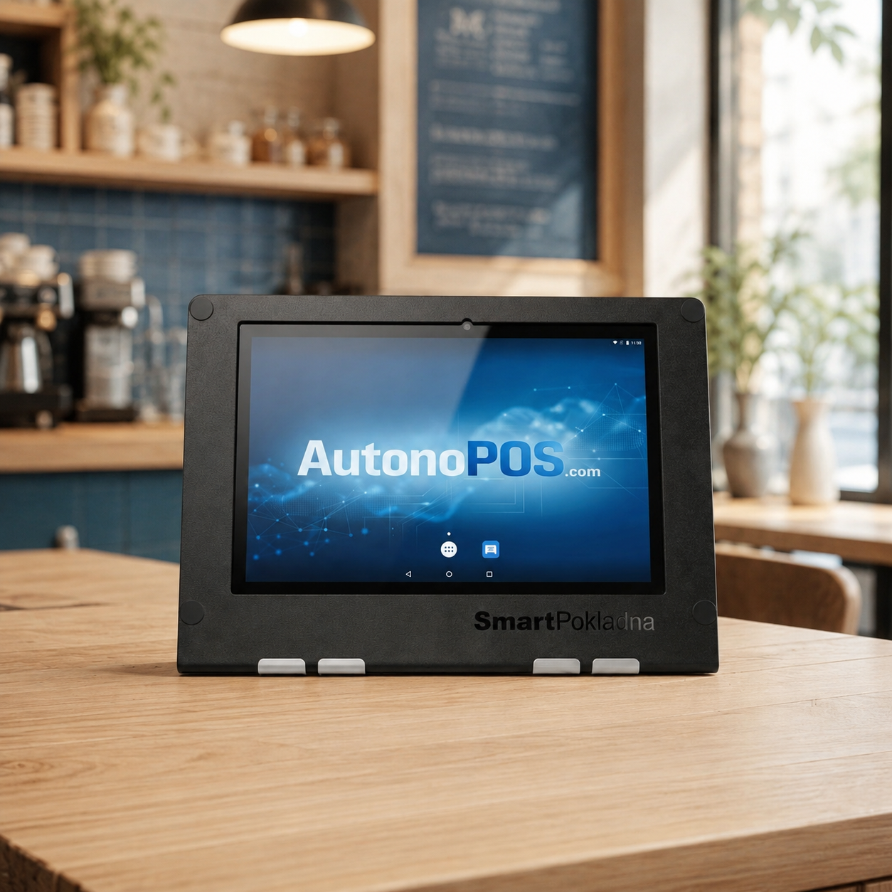 Escena ilustrativa de una tablet AutonoPOS en el mostrador de una cafetería