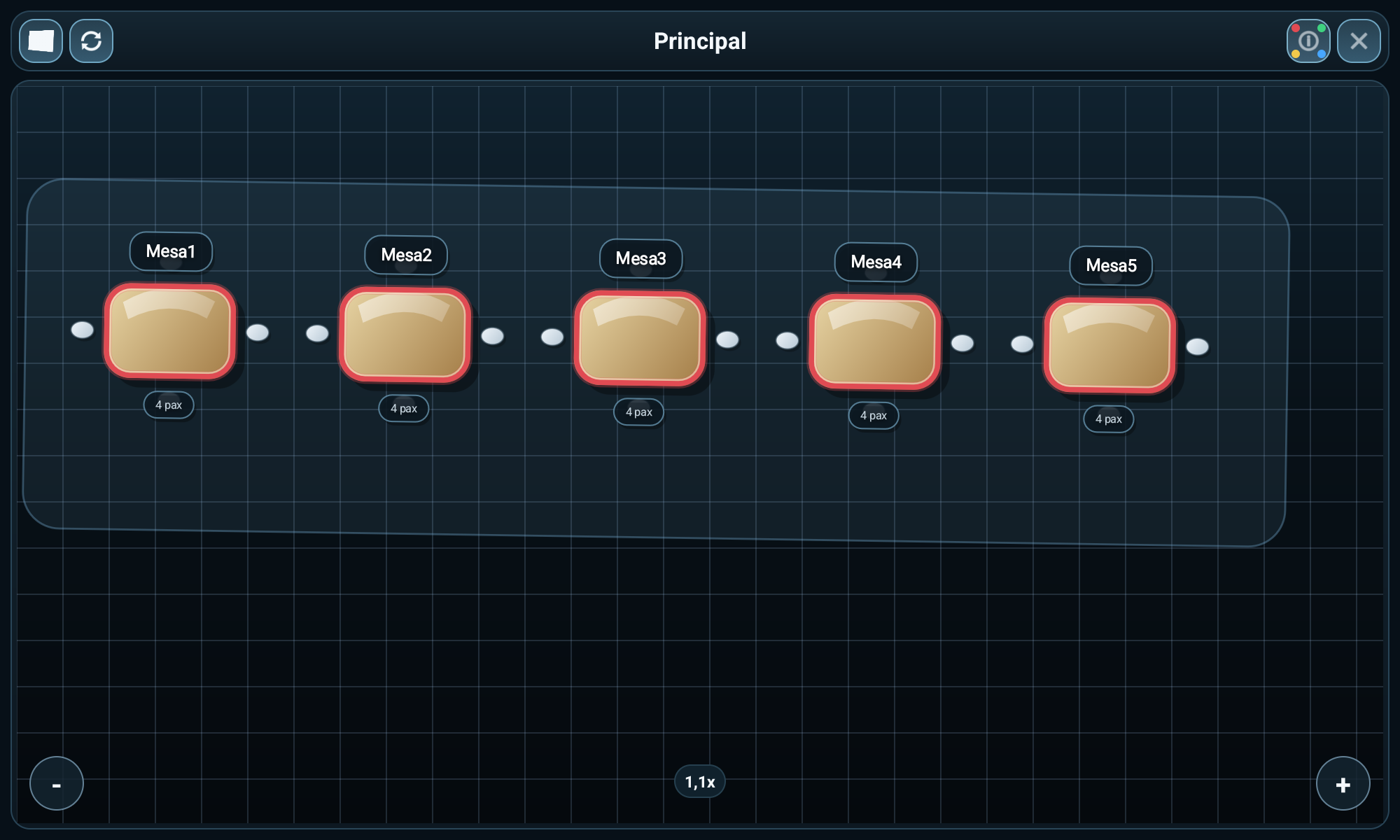 Plano de salón y mesas en el terminal horizontal T500