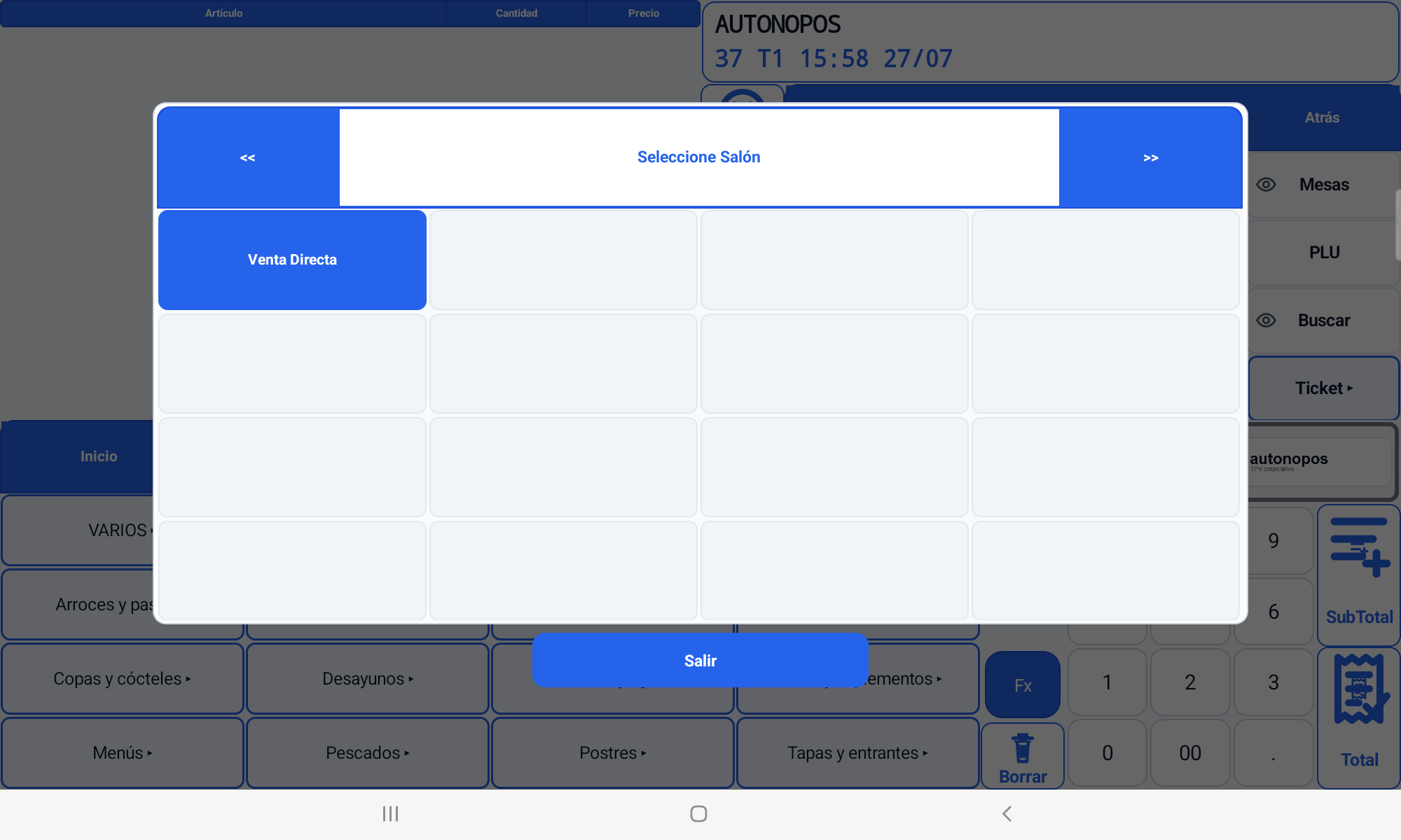 Selector de salón y venta directa en AutonoPOS