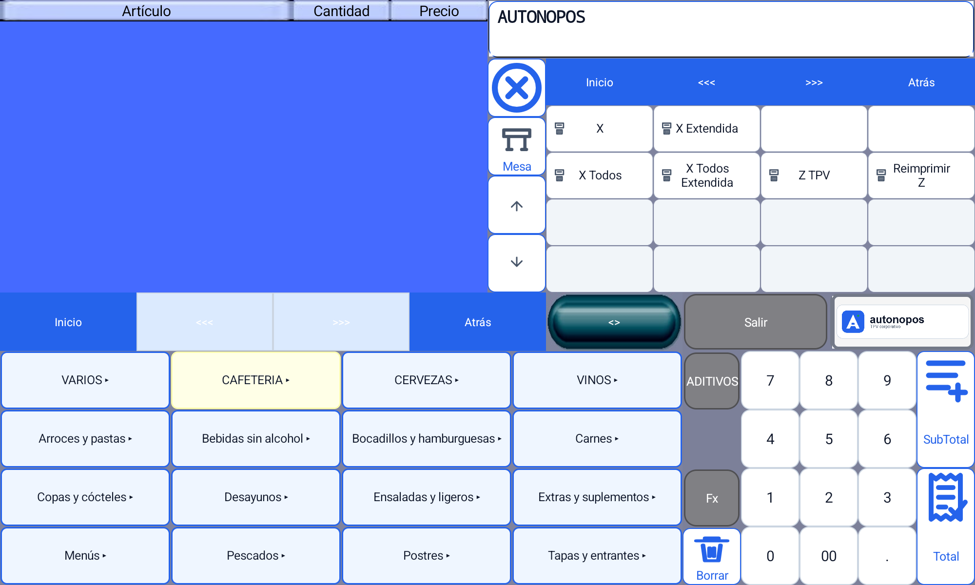 Funciones de control de caja en formato horizontal