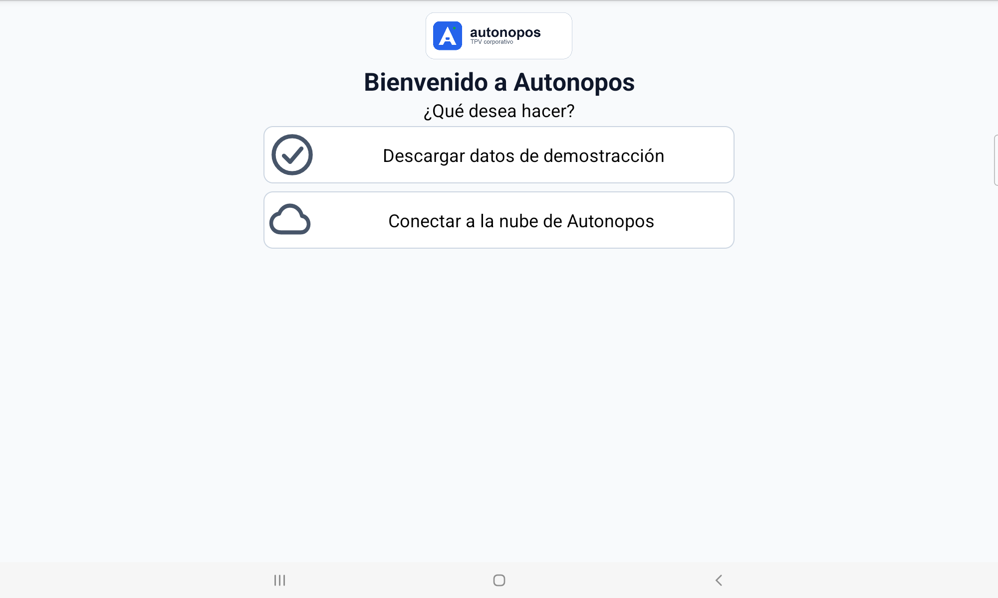 Pantalla de bienvenida de AutonoPOS con las opciones de demostración y conexión