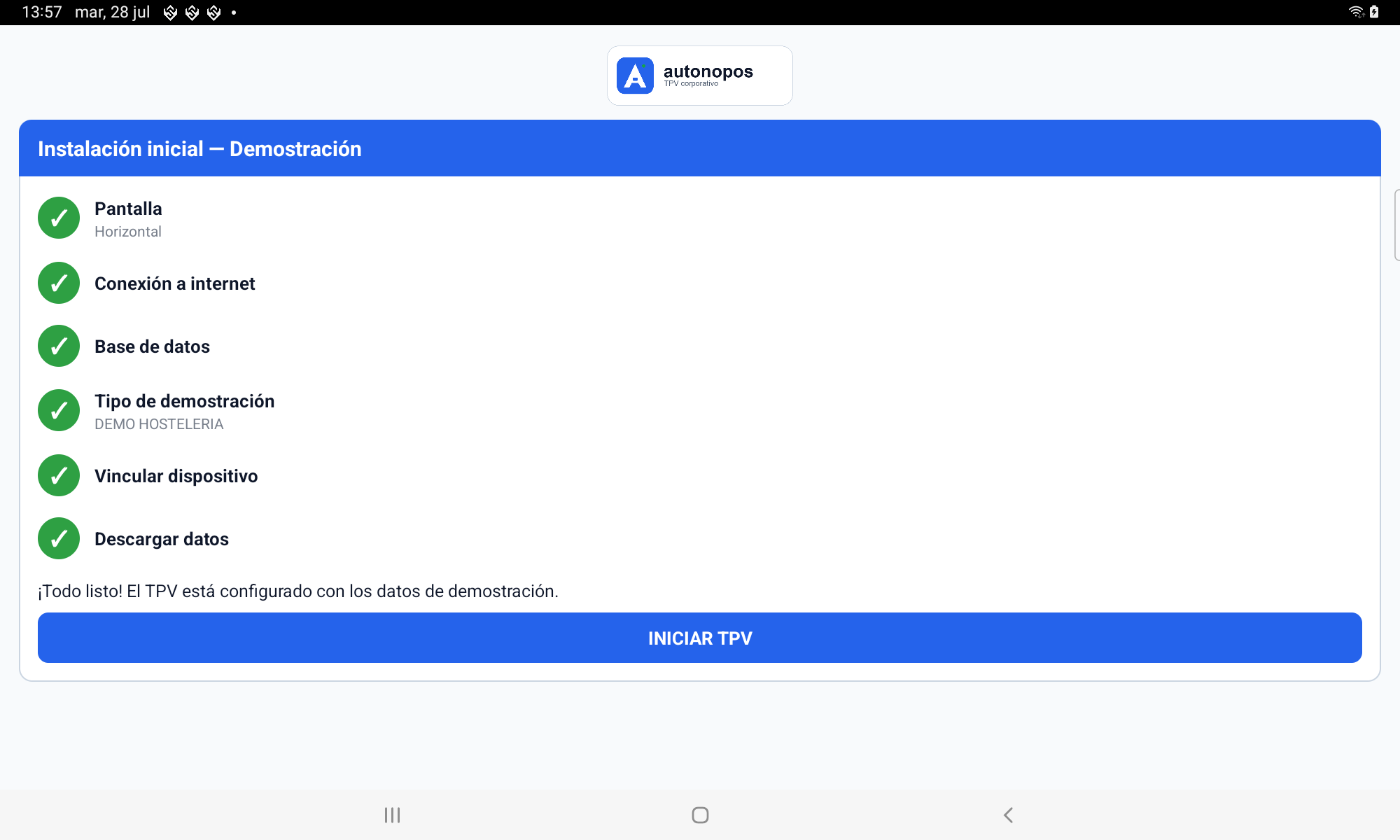 Asistente de AutonoPOS con la demostración preparada y la opción de iniciar el TPV