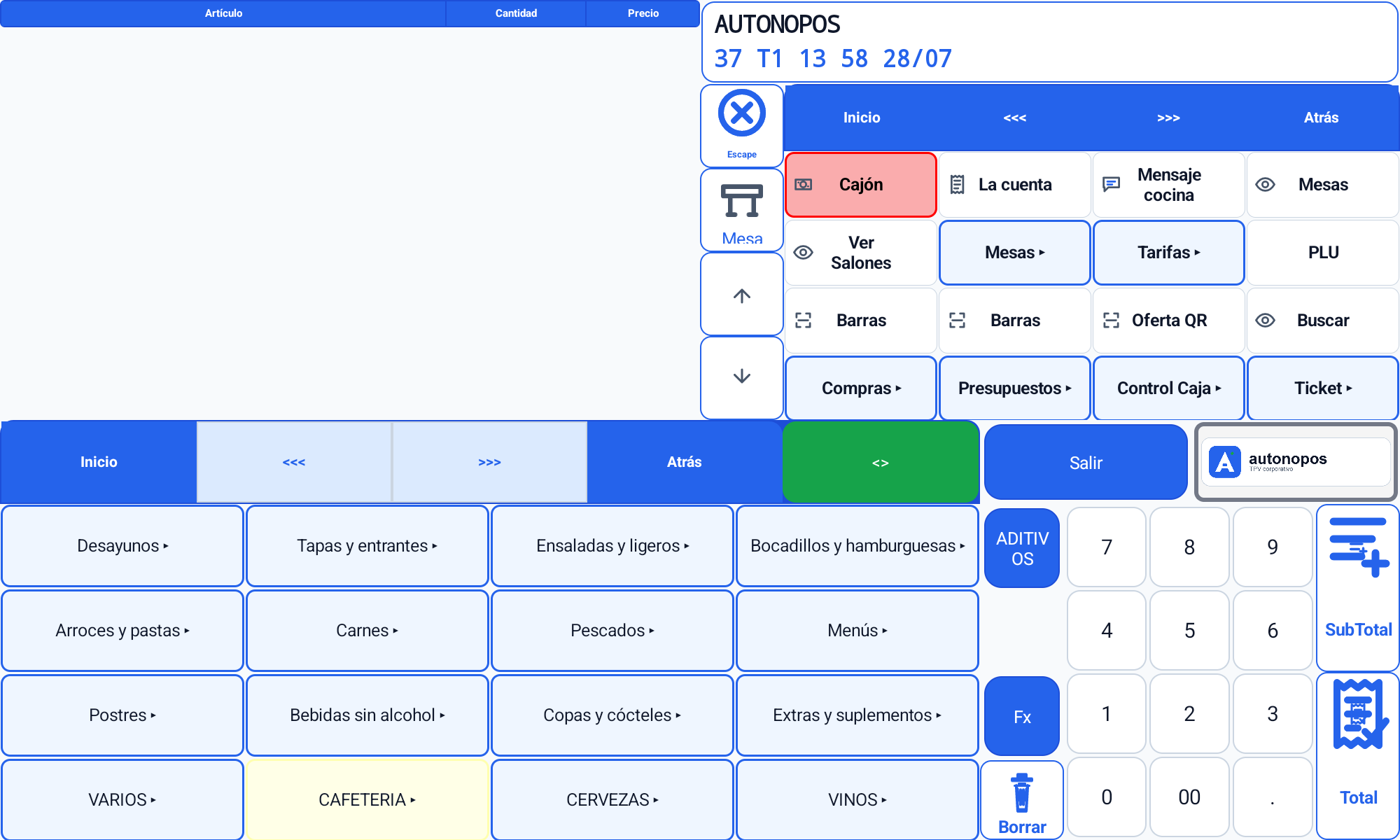 Pantalla horizontal de venta de AutonoPOS con las familias disponibles
