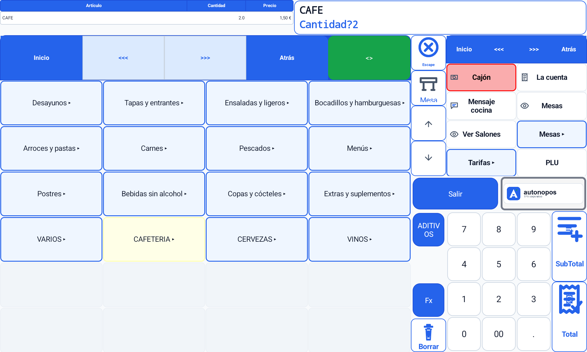 Pantalla horizontal de AutonoPOS con la cantidad del artículo actualizada