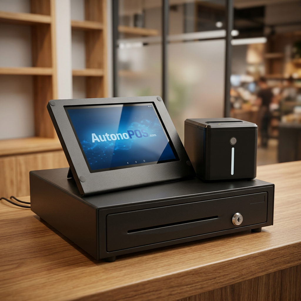 Tablet con soporte, impresora y cajón portamonedas del pack AutonoPOS Completo