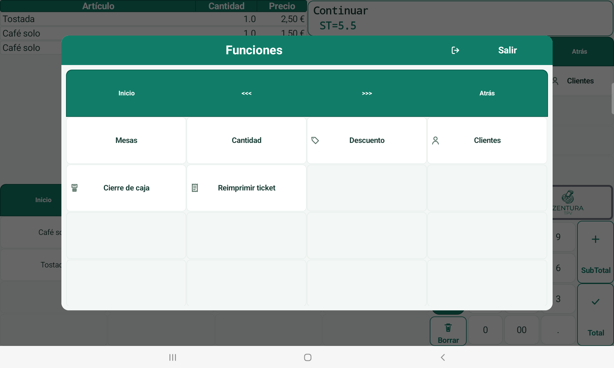 Menú con mesas, cantidad, descuento, clientes, cierre de caja y reimpresión de ticket