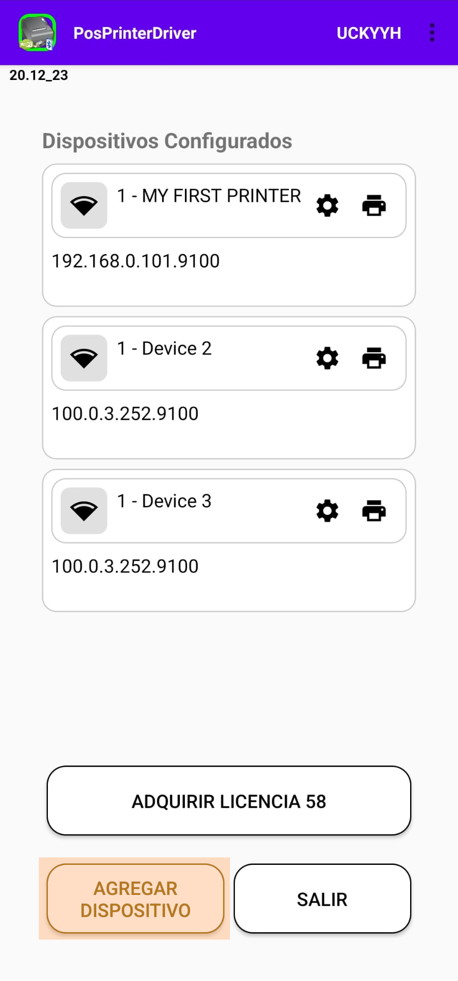 Screen for adding a device in PosPrinterDriver